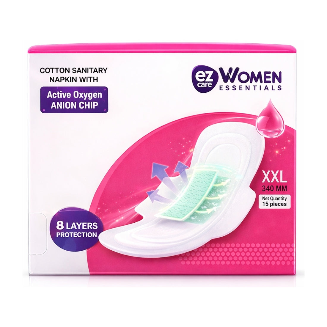 Ezcare Women Essential Sanitary Napkins with Active Oxygen Anion Chip - XXL (340mm) | Buy1Get1 Free