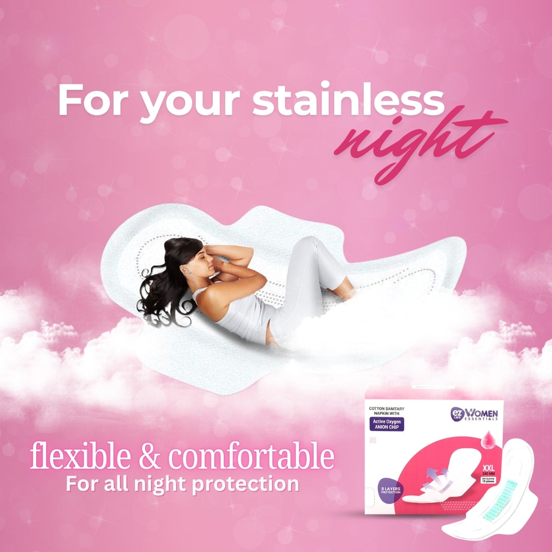 Ezcare Women Essential Sanitary Napkins with Active Oxygen Anion Chip - XXL (340mm) | Buy1Get1 Free