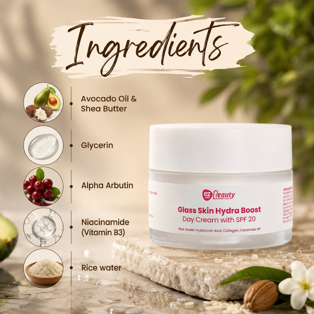 Ezcare Glassskin Hydra Boost Day Cream SPF 20 | Hydration, Glow & Daily Sun Protection | Buy1Get1 Free