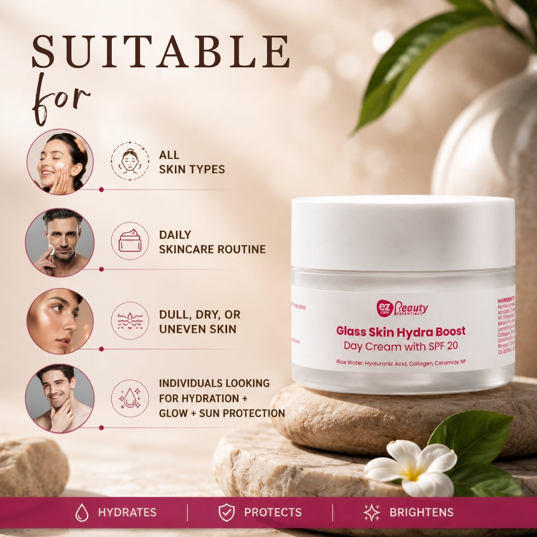 Ezcare Glassskin Hydra Boost Day Cream SPF 20 | Hydration, Glow & Daily Sun Protection | Buy1Get1 Free