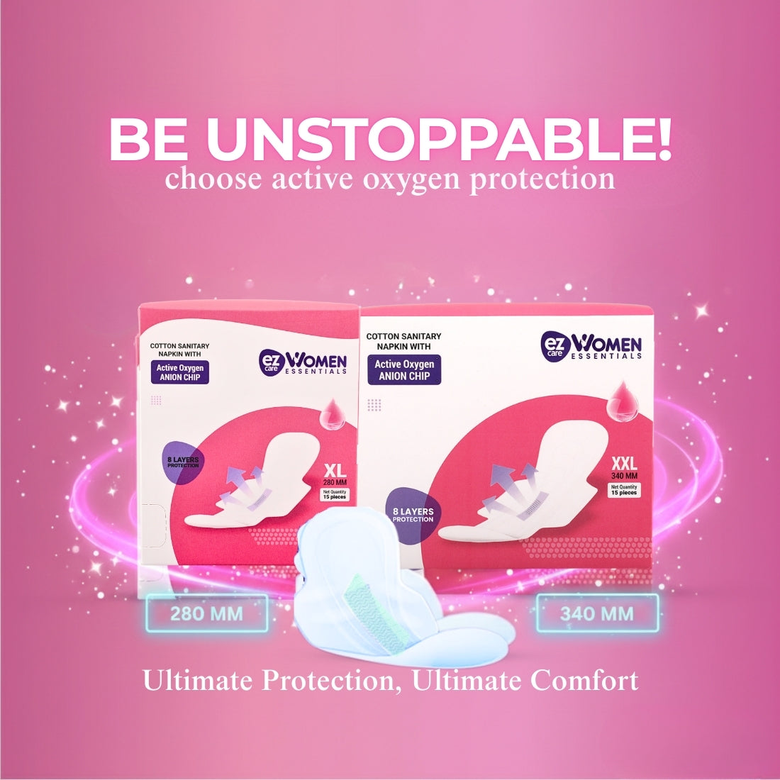 Ezcare Women Essential Sanitary Napkins with Active Oxygen Anion Chip - XXL (340mm) | Buy1Get1 Free