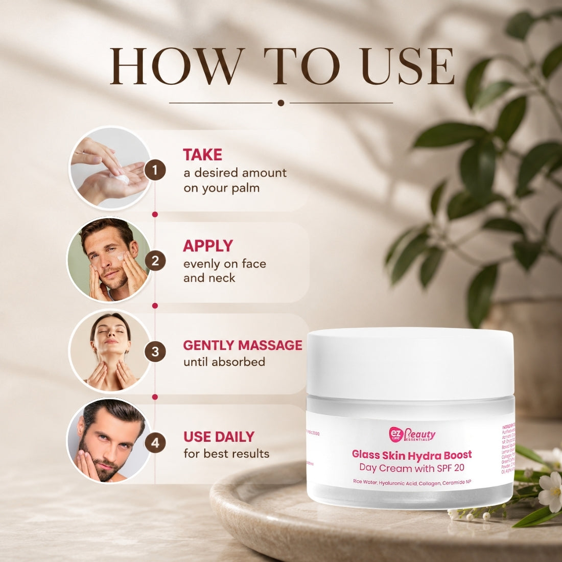 Ezcare Glassskin Hydra Boost Day Cream SPF 20 | Hydration, Glow & Daily Sun Protection | Buy1Get1 Free