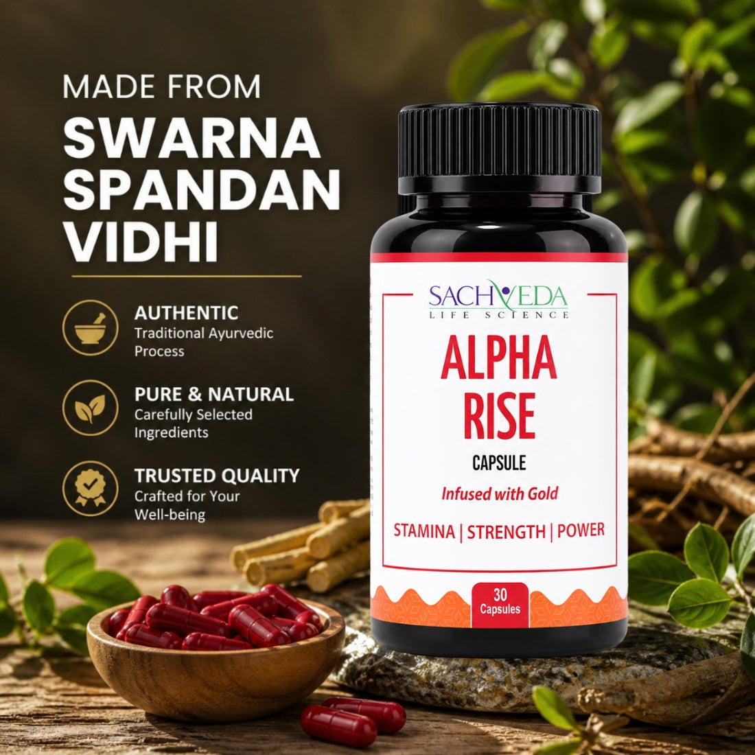 Alpha Rise Gold-Infused Ayurvedic Capsules | Strength, Vitality & Wellness Support | Buy1Get1 Free