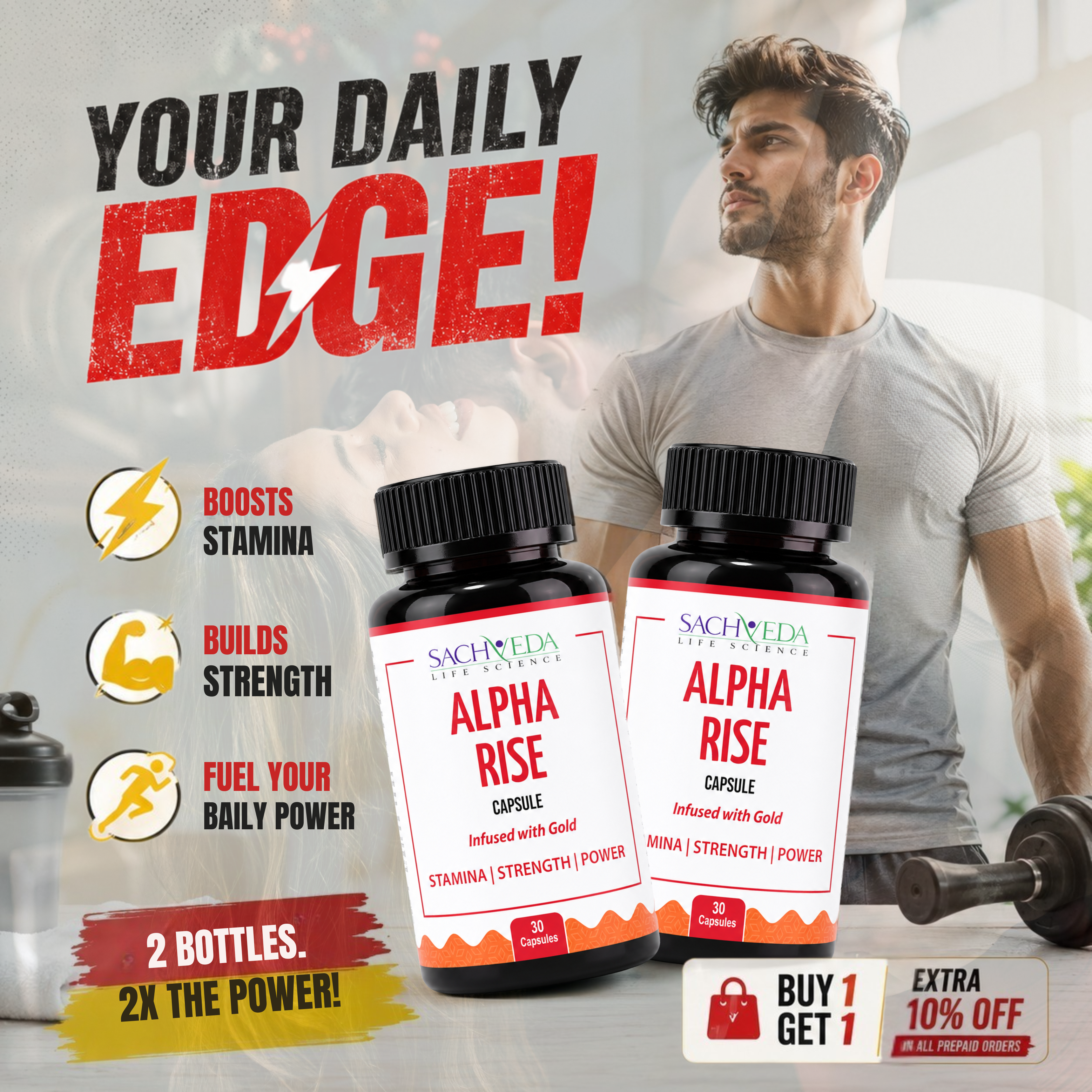Alpha Rise Gold-Infused Ayurvedic Capsules | Strength, Vitality & Wellness Support | Buy1Get1 Free