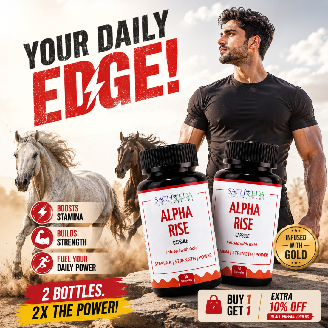 Alpha Rise Gold-Infused Ayurvedic Capsules | Strength, Vitality & Wellness Support | Buy1Get1 Free