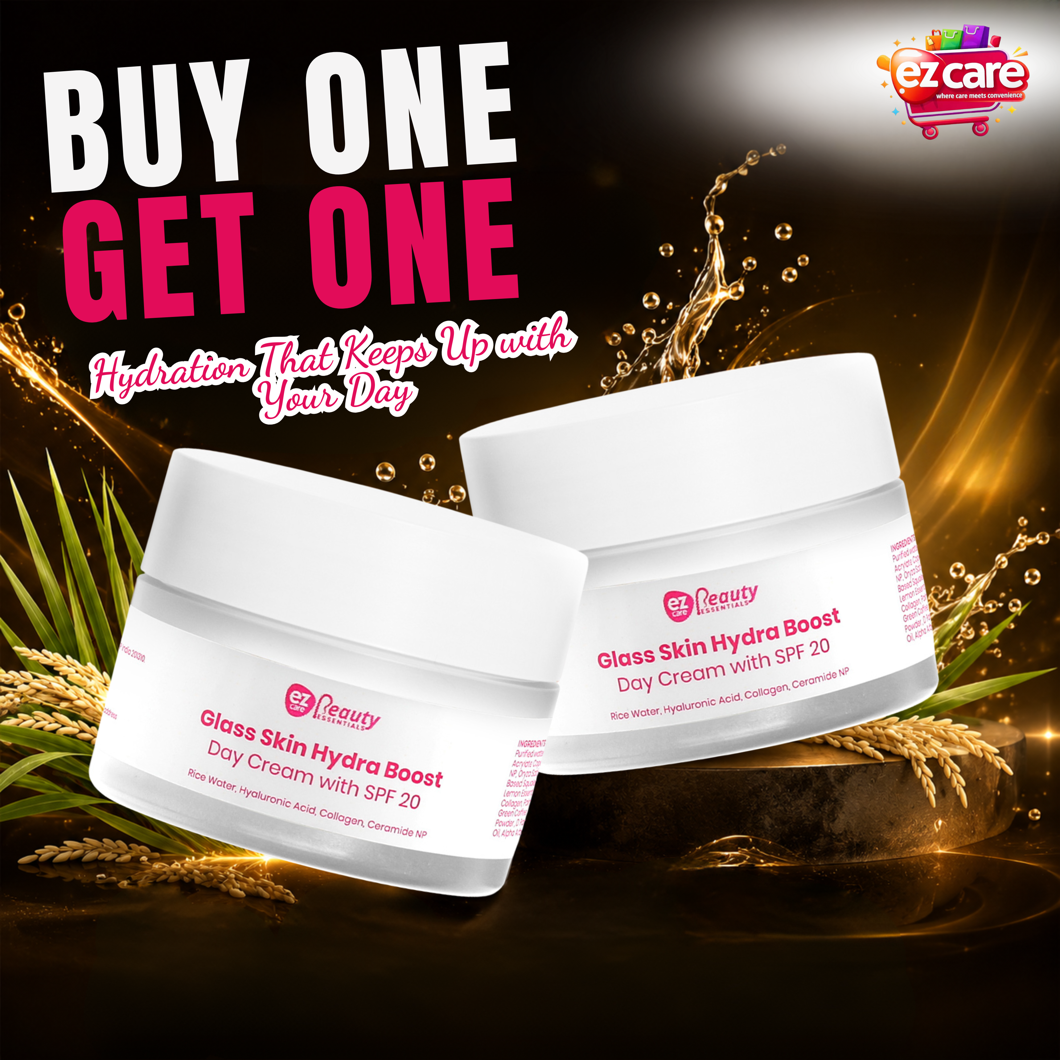 Ezcare Glassskin Hydra Boost Day Cream SPF 20 | Hydration, Glow & Daily Sun Protection | Buy1Get1 Free
