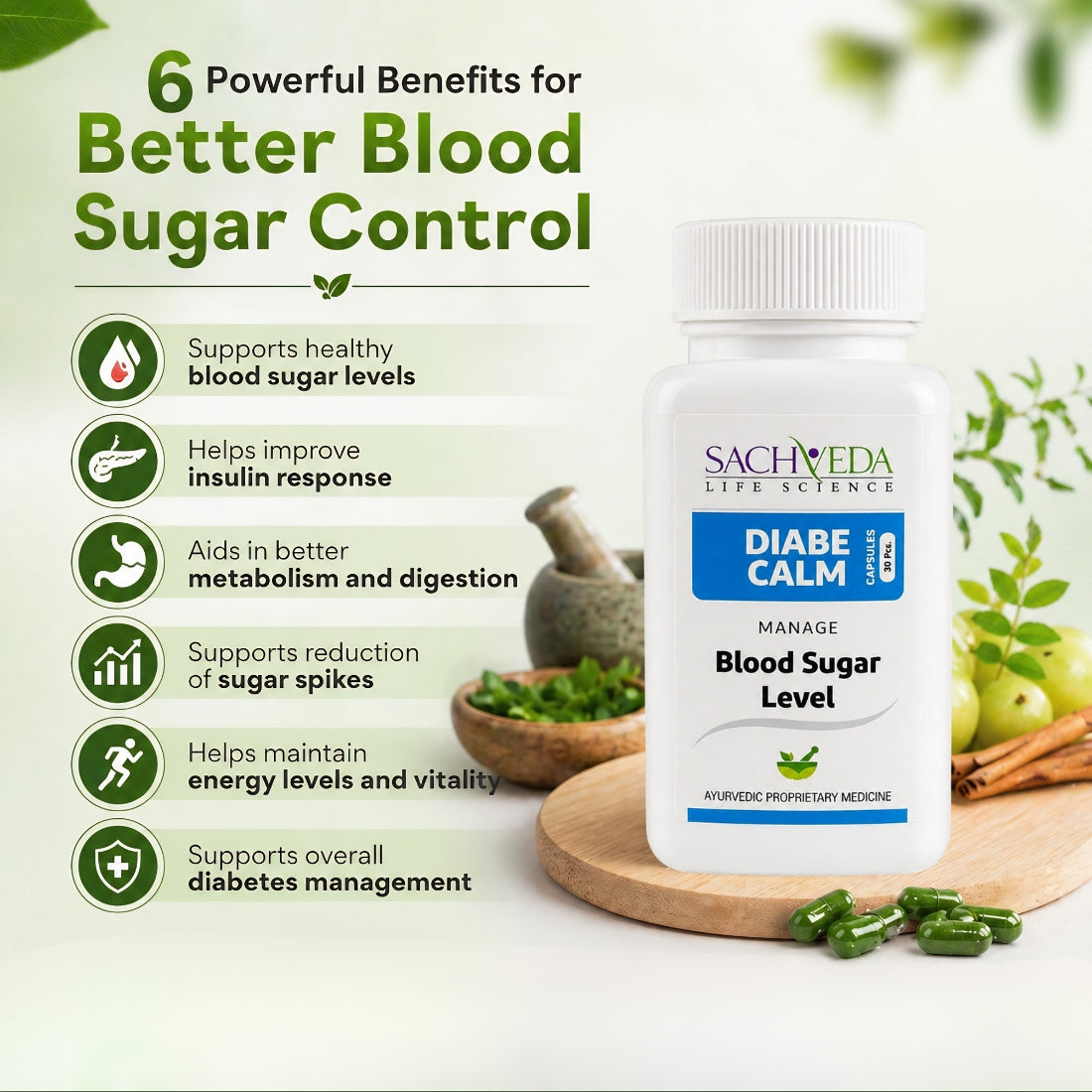 Sachveda Diabe Calm Capsules – Ayurvedic Support for Type 2 Diabetes | Buy1Get1 Free
