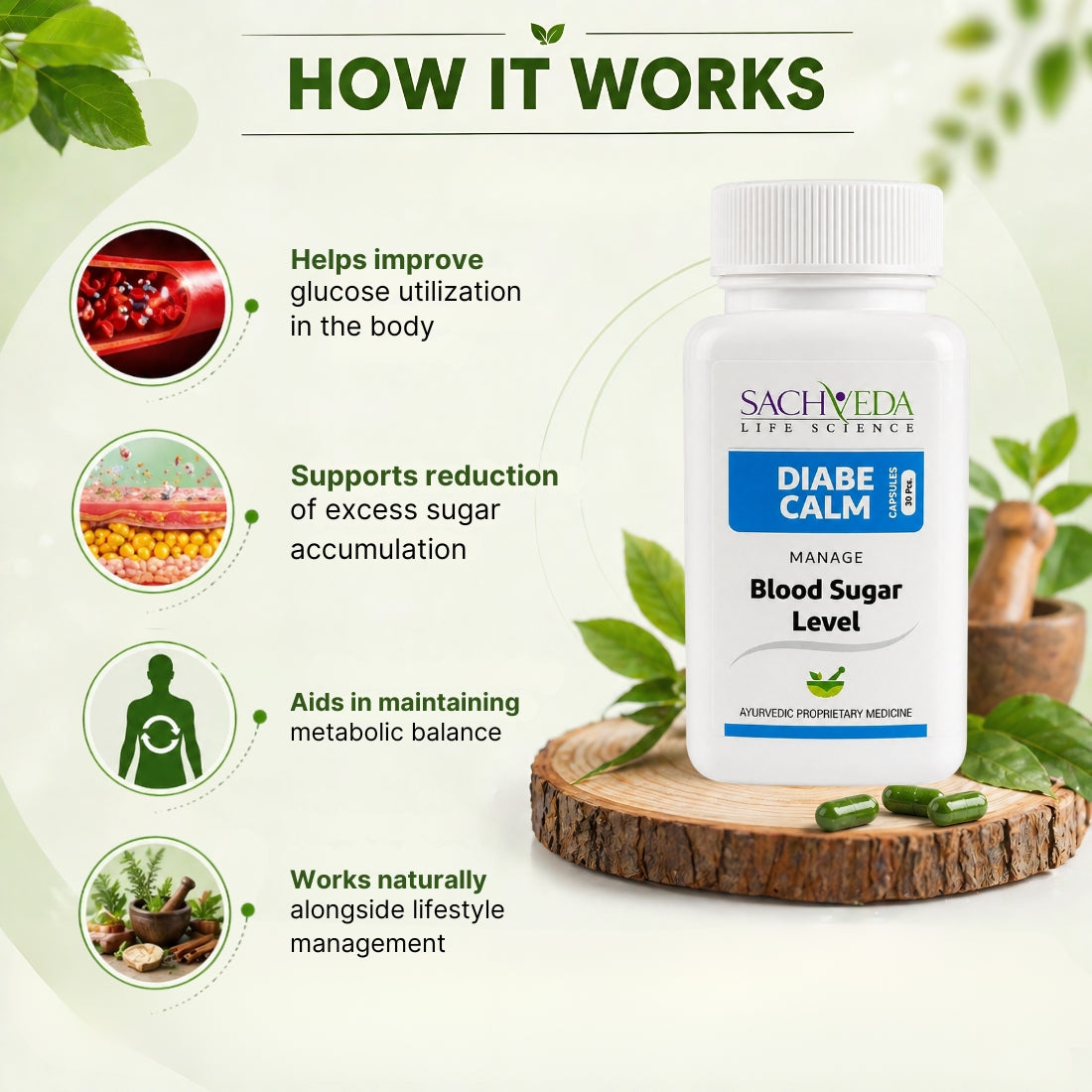 Sachveda Diabe Calm Capsules – Ayurvedic Support for Type 2 Diabetes | Buy1Get1 Free