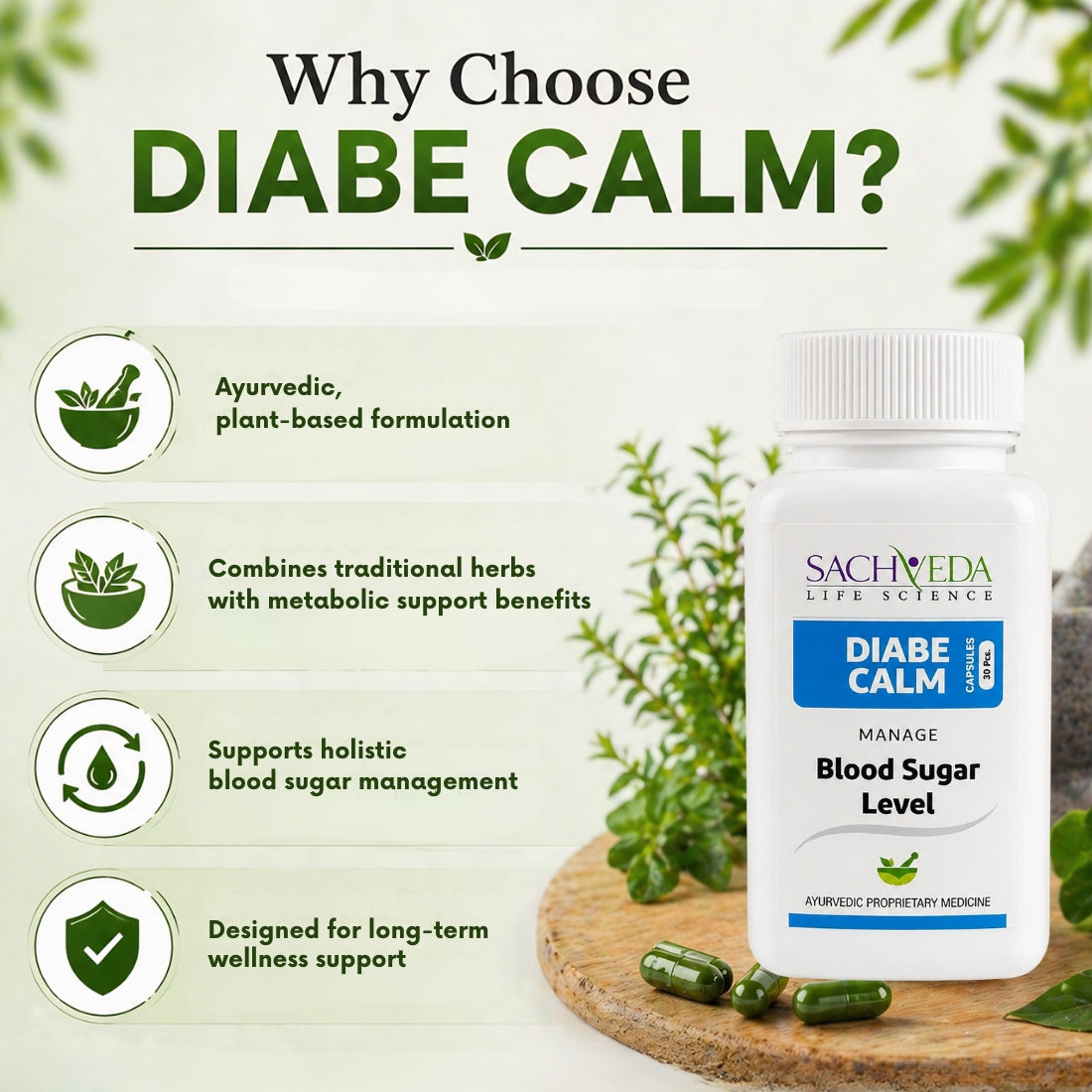 Sachveda Diabe Calm Capsules – Ayurvedic Support for Type 2 Diabetes | Buy1Get1 Free
