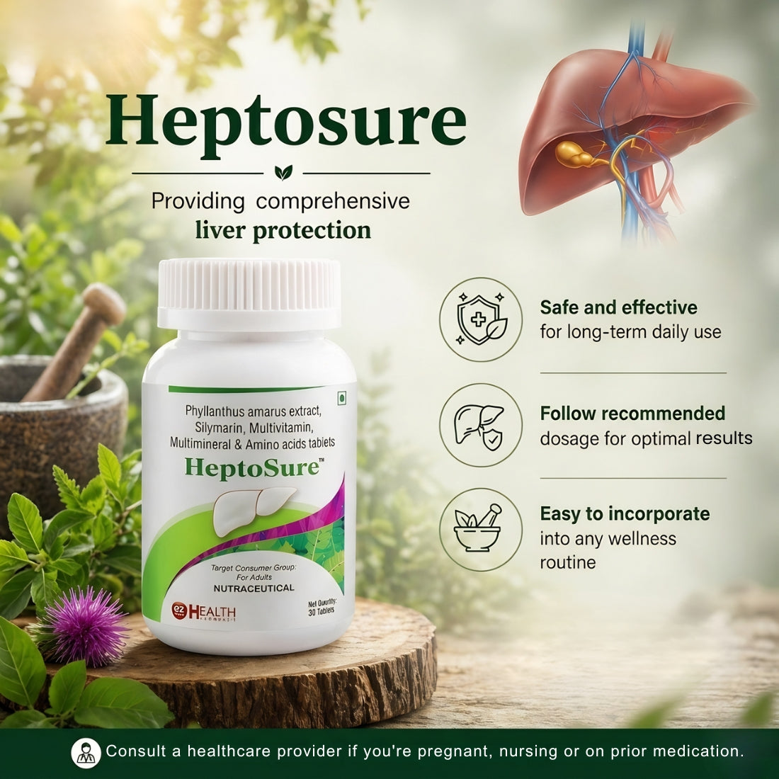 Heptosure ( Nutraceutical) Liver Support Supplement – Advanced Detox & Hepatic Shield | With Silymarin (Milk Thistle), Phyllanthus Amarus (Bhoomi Amla) & L-Glutathione | For Fatty Liver, Detoxification & Enzyme Balance | Buy1Get1 Free