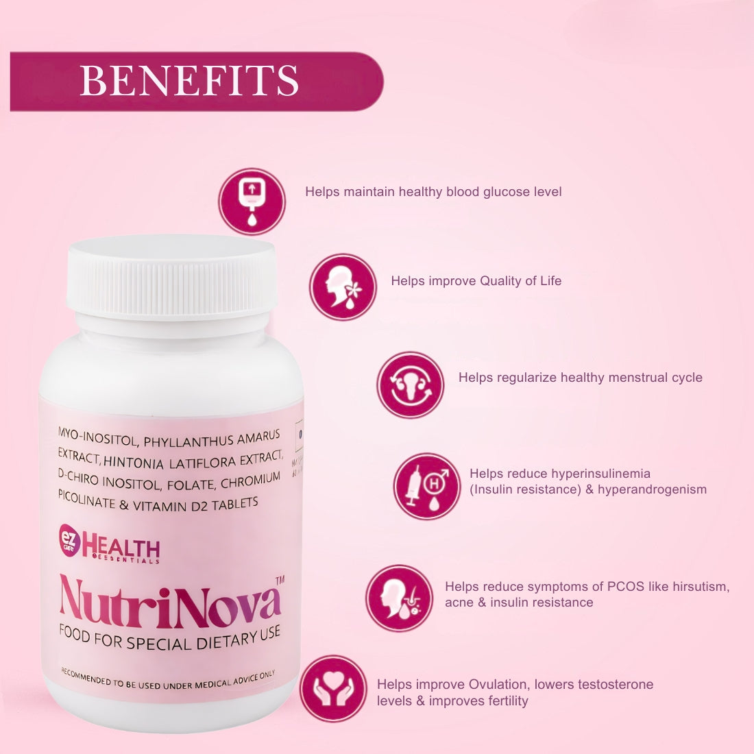 NUTRINOVA – PCOS Support & Hormonal Balance Supplement with Myo-Inositol, Phyllanthus Amarus Extract, Hintonia Latiflora extract, D-Chiro Inositol, Folate, Chromium Picolinate &Vitamin D2 tablets | Buy1Get1 Free