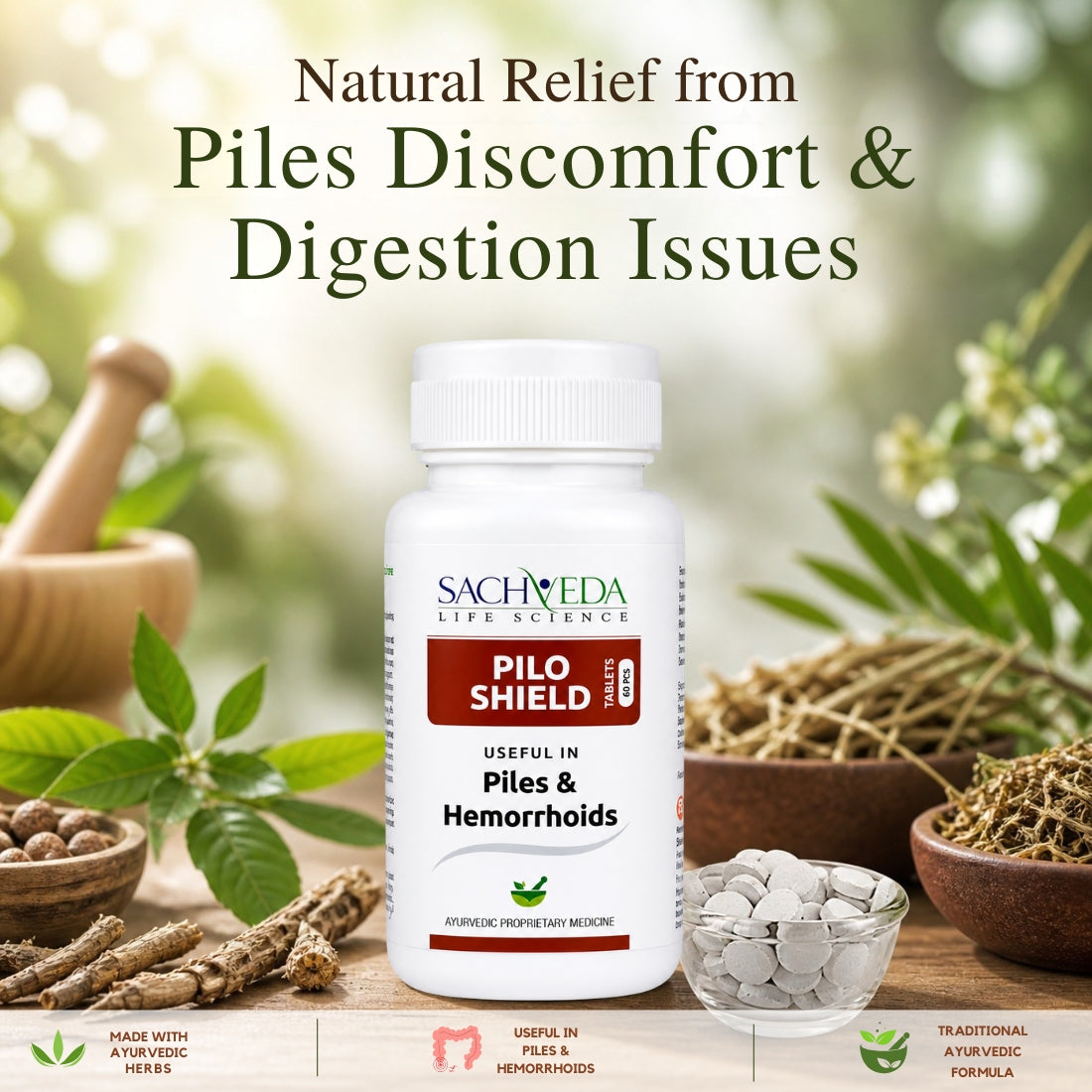 Sachveda Pilo Shield Tablets | Ayurvedic Support for Piles & Hemorrhoids | Buy1Get1 Free