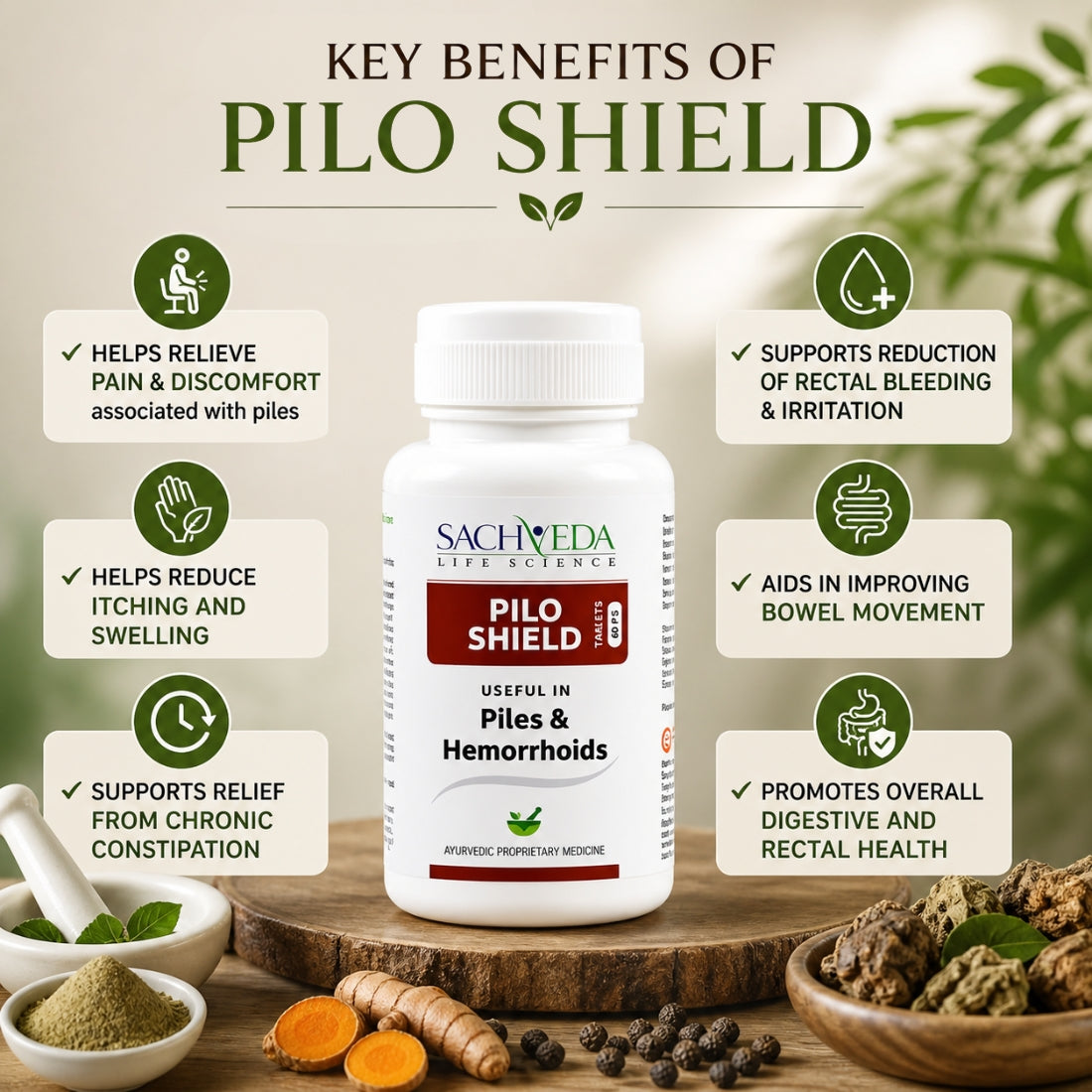 Sachveda Pilo Shield Tablets | Ayurvedic Support for Piles & Hemorrhoids | Buy1Get1 Free