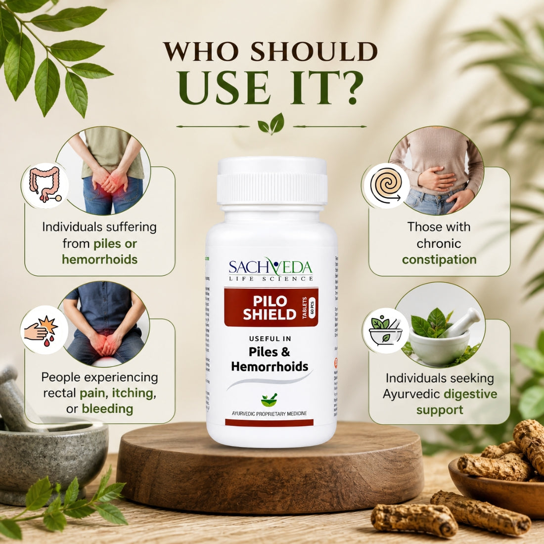 Sachveda Pilo Shield Tablets | Ayurvedic Support for Piles & Hemorrhoids | Buy1Get1 Free