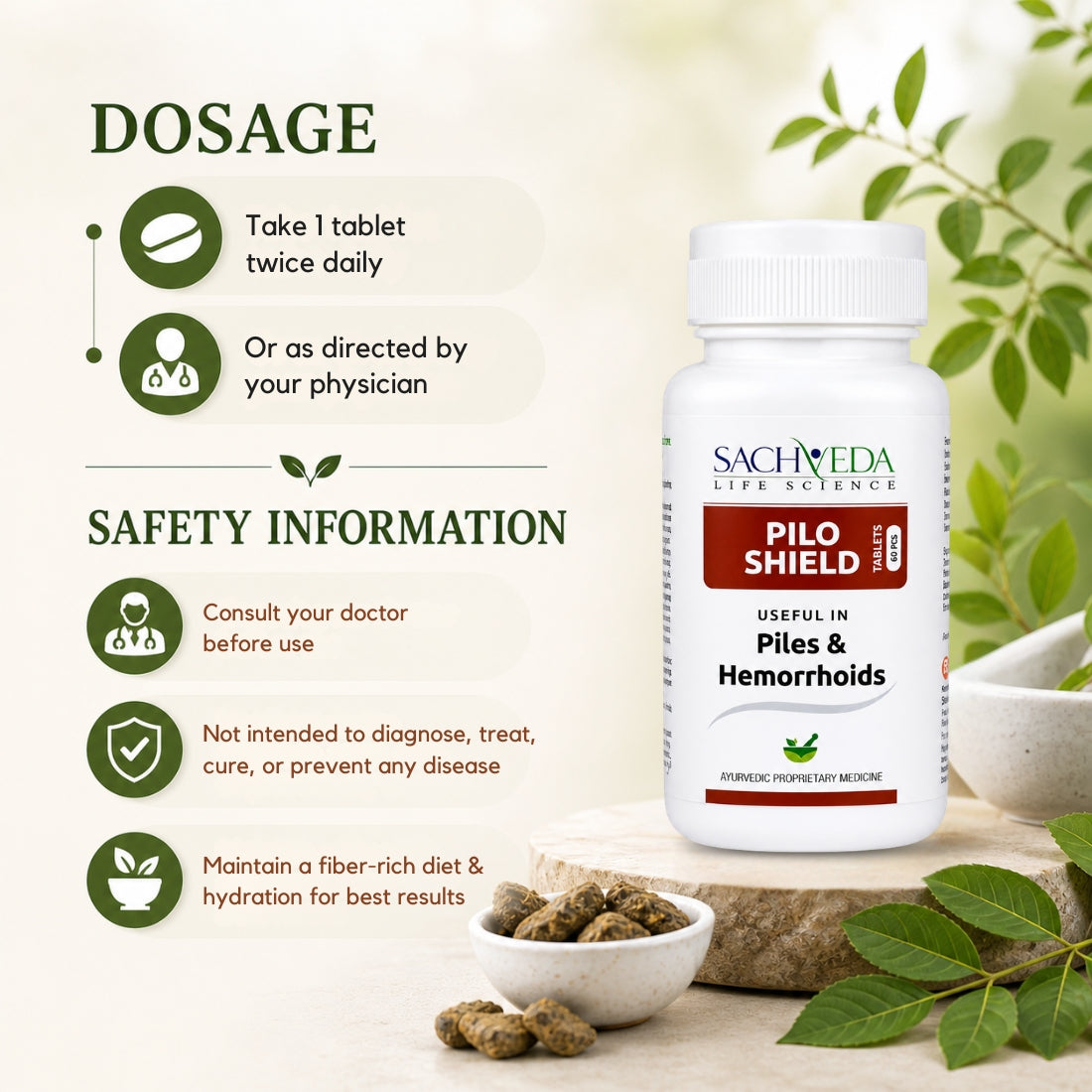 Sachveda Pilo Shield Tablets | Ayurvedic Support for Piles & Hemorrhoids | Buy1Get1 Free