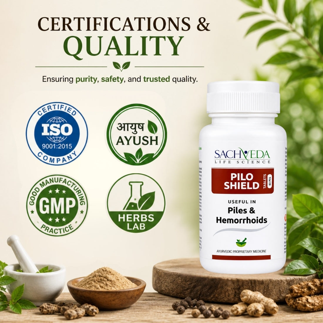 Sachveda Pilo Shield Tablets | Ayurvedic Support for Piles & Hemorrhoids | Buy1Get1 Free