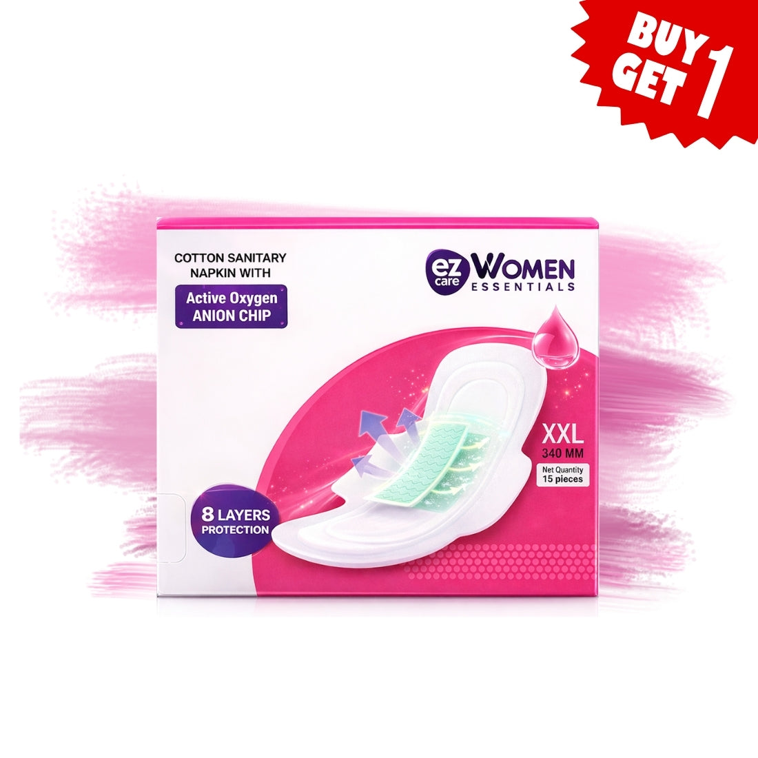 🎁 Ezcare Women Essential Sanitary Napkins with Active Oxygen Anion Chip - XXL (340mm) | Buy1Get1 Free (100% off)