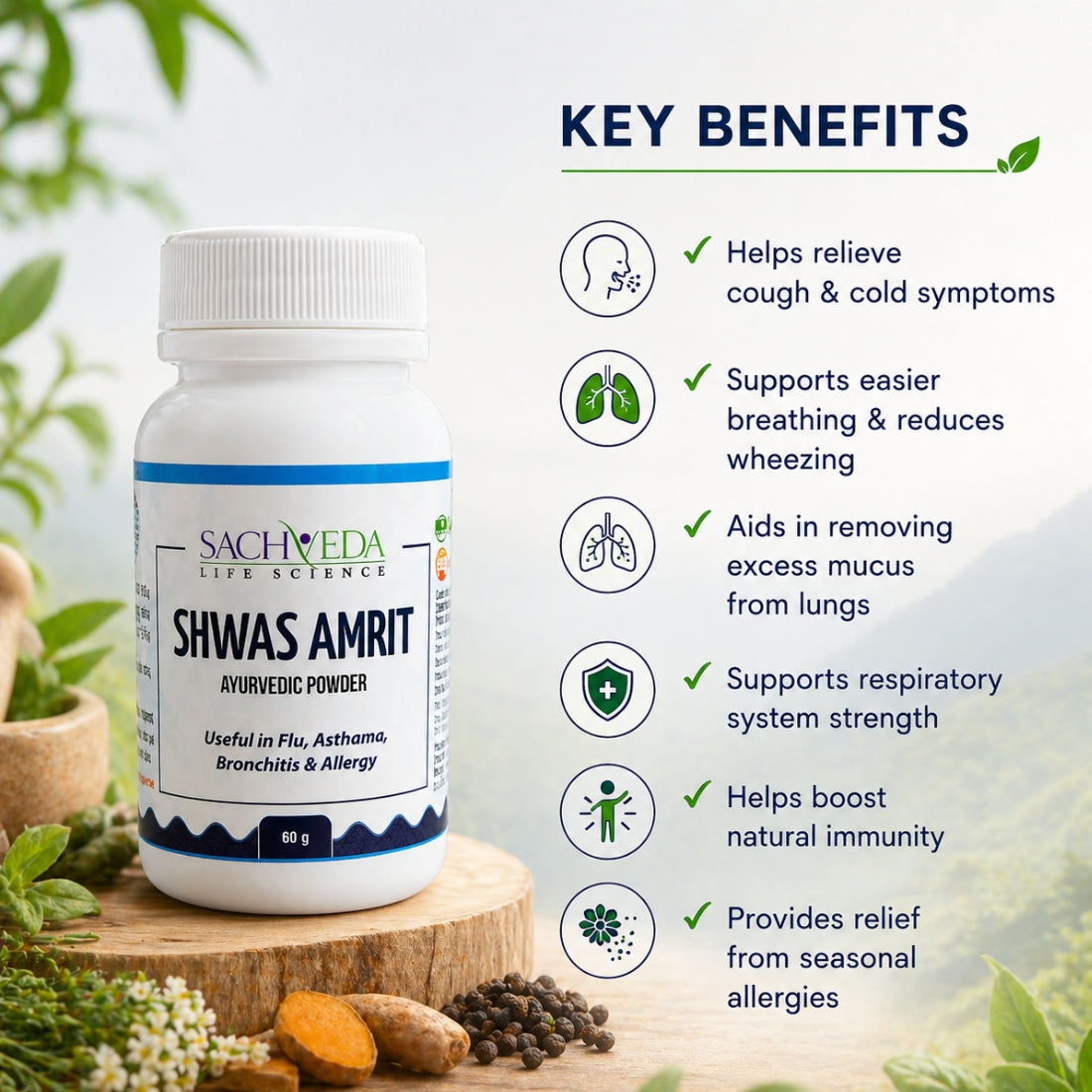 Sachveda Shwas Amrit – Ayurvedic Respiratory & Immunity Support Powder | Buy1Get1 Free