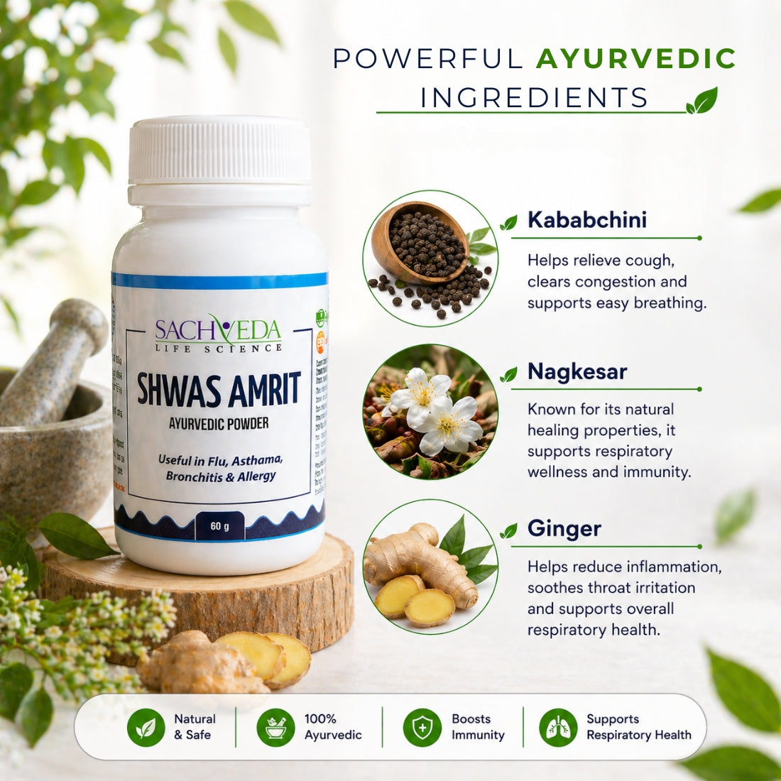Sachveda Shwas Amrit – Ayurvedic Respiratory & Immunity Support Powder | Buy1Get1 Free