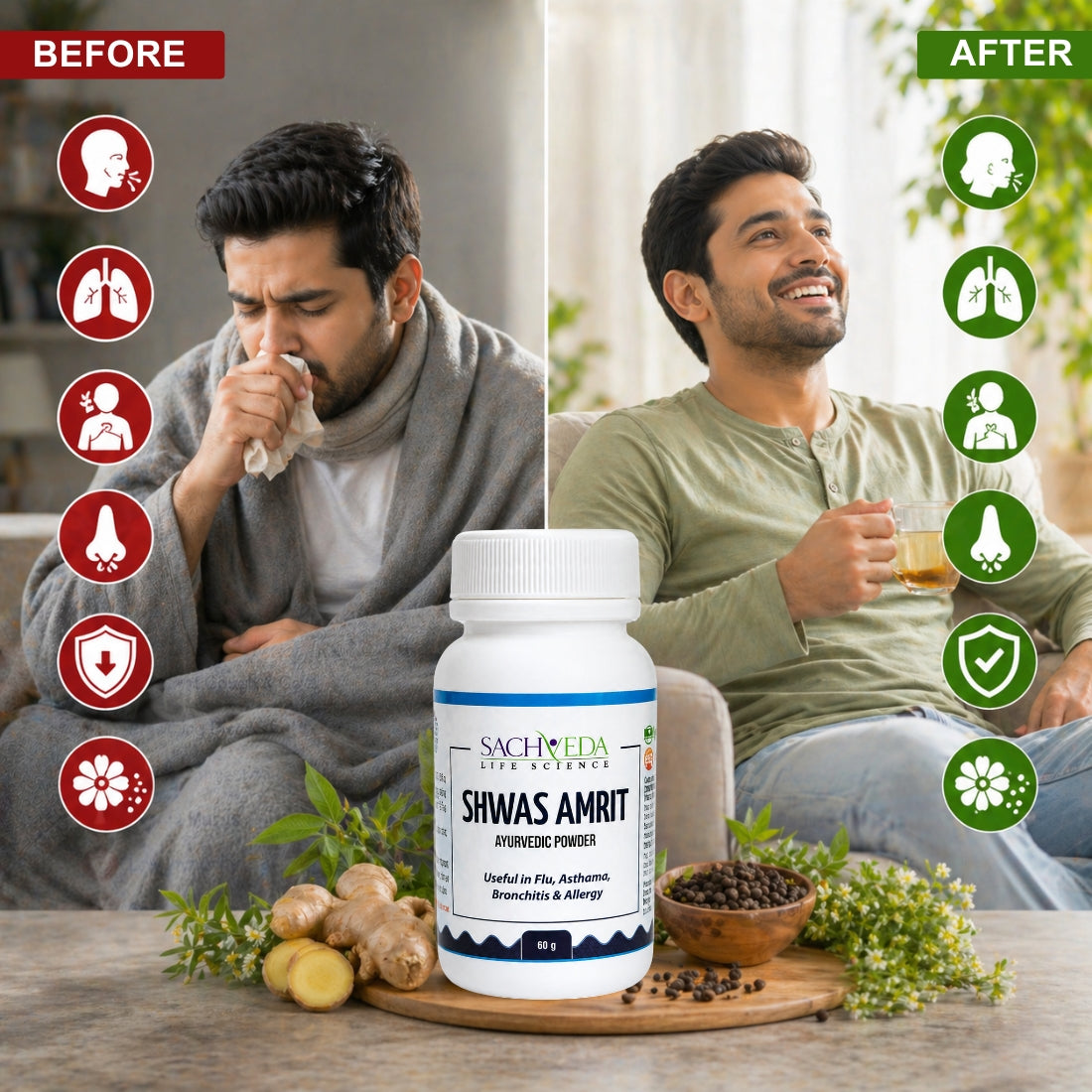 Sachveda Shwas Amrit – Ayurvedic Respiratory & Immunity Support Powder | Buy1Get1 Free