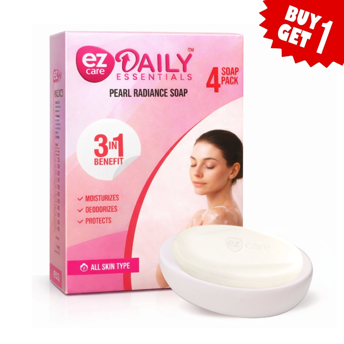 Pearl Radiance Triple‑Action Soap – Pack of 4 | Moisturising + Deodorising + 99.99% Germ Protection | Plant‑Derived Cleansers | Paraben‑Free | Buy1Get1 Free
