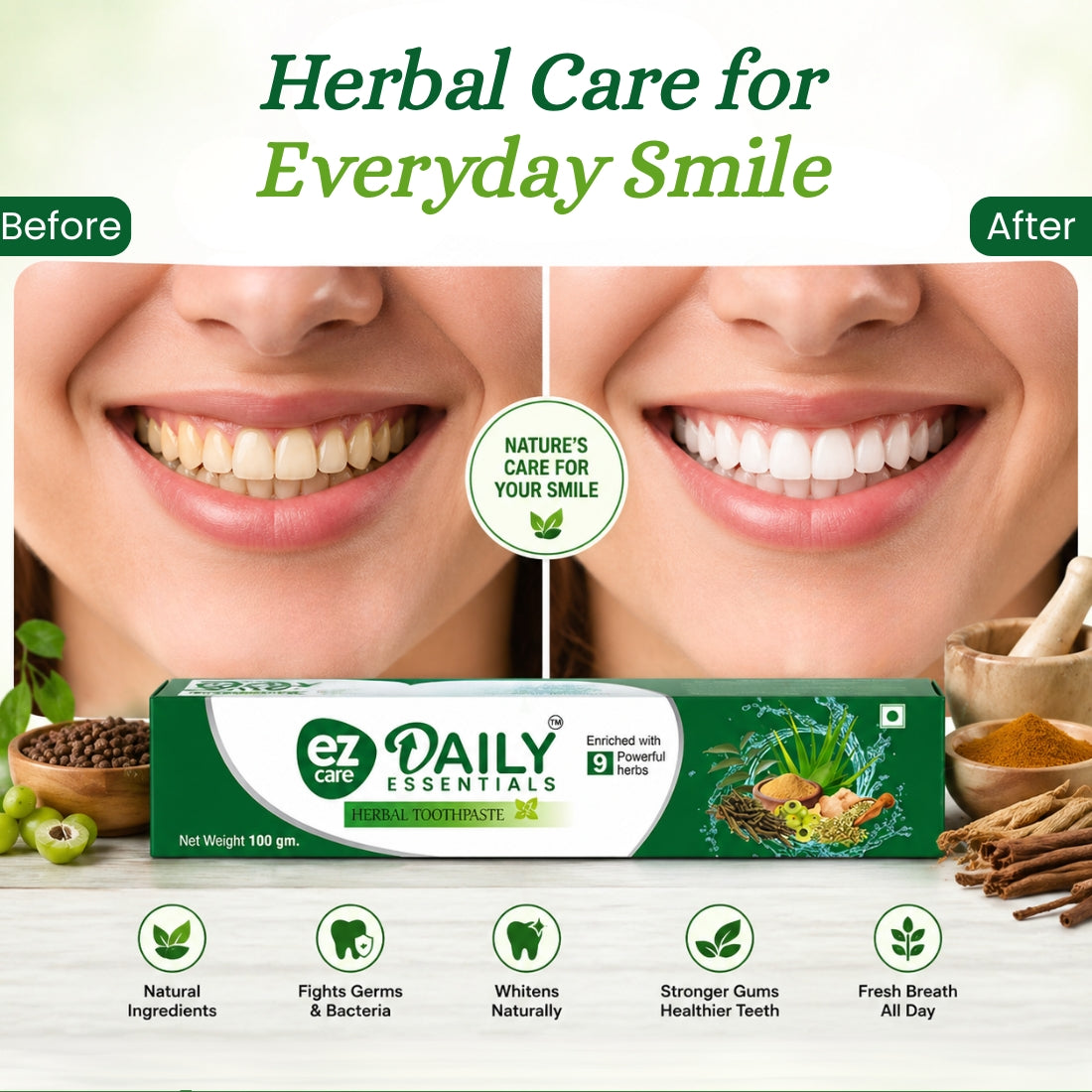 Ezcare Daily Essential Herbal Toothpaste – Natural Oral Care for a Healthy Smile | Buy1Get1 Free