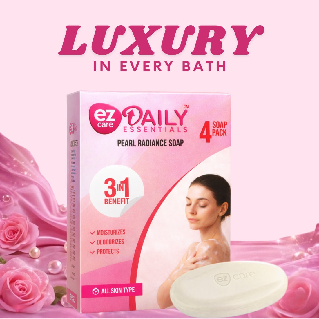 Pearl Radiance Triple‑Action Soap – Pack of 4 | Moisturising + Deodorising + 99.99% Germ Protection | Plant‑Derived Cleansers | Paraben‑Free | Buy1Get1 Free