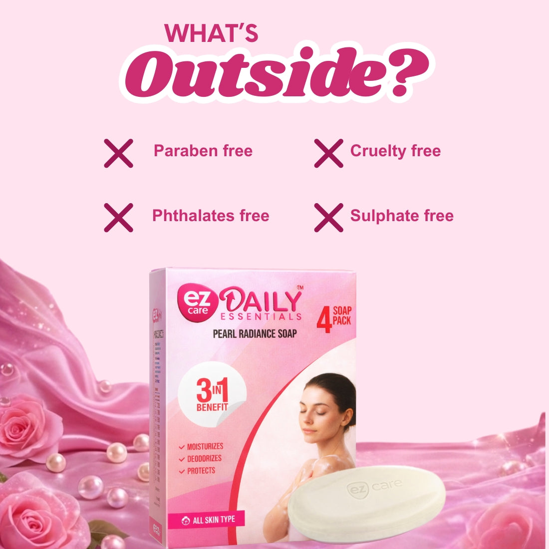 Pearl Radiance Triple‑Action Soap – Pack of 4 | Moisturising + Deodorising + 99.99% Germ Protection | Plant‑Derived Cleansers | Paraben‑Free | Buy1Get1 Free
