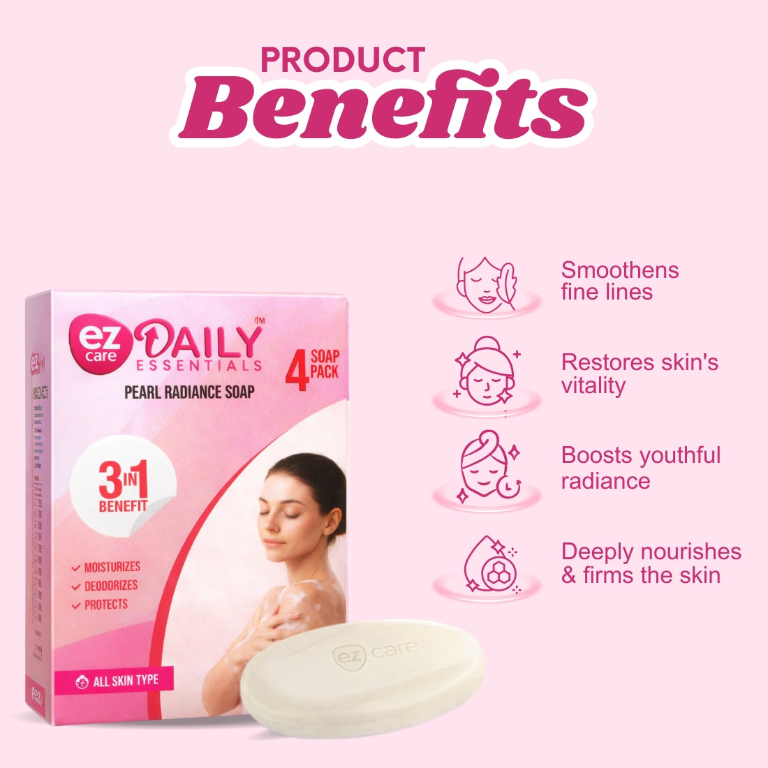Pearl Radiance Triple‑Action Soap – Pack of 4 | Moisturising + Deodorising + 99.99% Germ Protection | Plant‑Derived Cleansers | Paraben‑Free | Buy1Get1 Free