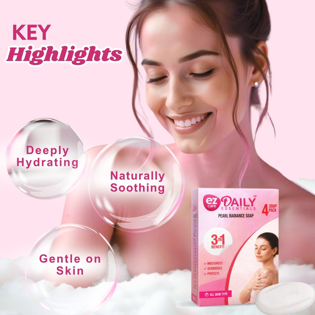 Pearl Radiance Triple‑Action Soap – Pack of 4 | Moisturising + Deodorising + 99.99% Germ Protection | Plant‑Derived Cleansers | Paraben‑Free | Buy1Get1 Free